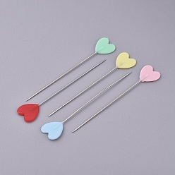 Mixed Color Iron Head Pins, Straight Pins, Dressmaker Pins, Sewing Pin for DIY Sewing Crafts, with Plastic, Heart, Mixed Color, 54mm, Pin: 0.6mm, about 50pcs/box