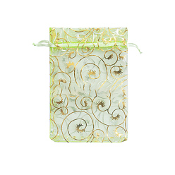Pale Green Rectangle Printed Organza Drawstring Bags, Gold Stamping Eyelash Pattern, Pale Green, 9x7cm