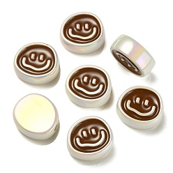 Saddle Brown UV Plating Rainbow Iridescent Acrylic Enamel Beads, Oval with Smiling Face Pattern, Saddle Brown, 19.5x21.5x9mm, Hole: 3.5mm