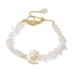 Real 14K Gold Plated Crescent Mooon Natural Quartz Crystal & Shell & Pearl Beaded Bracelets, with Brass Clasps, Real 14K Gold Plated, 7-1/8 inch(18cm)