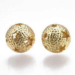 Real 18K Gold Plated Brass Beads, Round with Star, Nickel Free, Real 18K Gold Plated, 12mm, Hole: 2mm