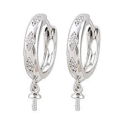 Platine Conclusions de boucles d'oreilles huggie hoop en laiton micro pavé clair zircone cubique, motif losange, pour la moitié de perles percées, crémaillère plaquage, plaqué longue durée, platine, 22x15x3.5mm