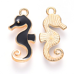 Black Alloy Enamel Pendants, Sea Horse, Light Gold, Black, 21x11x2mm, Hole: 1.6mm
