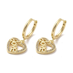 Golden Rack Plating Brass Micro Pave Cubic Zirconia Dangle Hoop Earrings, Heart with Word Love, Golden, 26.5x12mm