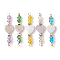 Mixed Color Natural Freshwater Shell Heart Connector Charms, with Glass Beads and Electroplate Non-magnetic Synthetic Hematite Beads, Mixed Color, 35x9.5x4.5mm, Hole: 1.5mm