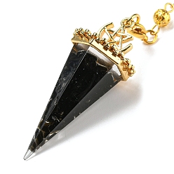 Обсидиан Большие подвески-маятники из натурального обсидиана и смолы, с реечной накладкой из латуни с золотистым напылением, без свинца и без кадмия, шестиугольный конус, 300~305 мм