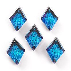 Bermuda Blue Embossed Glass Rhinestone Pendants, Rhombus, Faceted, Bermuda Blue, 19x12x6mm, Hole: 1.5mm