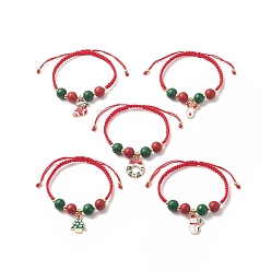 Mixed Color Christmas Themed Alloy Enamel Charm Bracelet, Wood Round Braided Adjustable Bracelet for Women, Mixed Shape, Mixed Color, Inner Diameter: 2-1/8~3-3/8 inch(5.5~8.5cm)