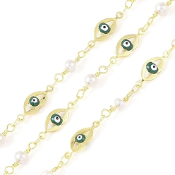Green Enamel Lip Link Chains, with Glass Seed Beaded and Rack Plating Real 18K Gold Plated Brass Chain, Soldered, with Spools, Long-Lasting Plated, Cadmium Free & Lead Free, Green, 16x5.6x3mm