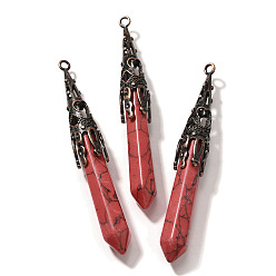Синтетическая Бирюза Окрашенная в красный цвет синтетическая бирюза острые большие подвески, граненые брелоки-пули с латунной фурнитурой, Красная медь, без кадмия и без свинца, 77~84x12 мм, отверстие : 2.5 мм
