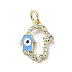 Deep Sky Blue Brass Micro Pave Cubic Zirconia Pendants, with Enamel, with Jump Ring, Real 18K Gold Plated, Hamsa Hand/Hand of Miriam with Evil Eye, Deep Sky Blue, 16.5x13.5x2mm, Hole: 4mm