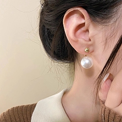Golden Plastic Pearl Stud Earrings, Alloy Drop Earrings with 925 Sterling Silver Pins, Golden, 50x50mm