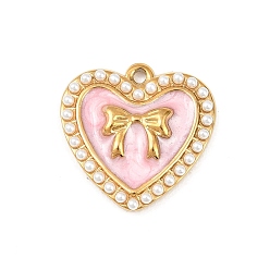 Бледно-Розовый 304 нержавеющей стальной эмали подвески, белые сердечки с имитацией жемчуга из АБС-пластика, ионное покрытие (ip), реальный 18 k позолоченный, розовый жемчуг, 21.5x21.5x4 мм, отверстие : 1.6 мм