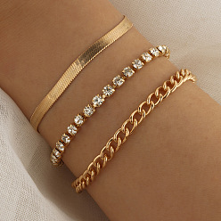 0094 Gold Stylish 3-Piece Women's Snake Chain Diamond Bracelet Set with Claw Chains