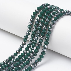 Dark Green Electroplate Opaque Glass Beads Strands, Half Gray Plated, Faceted, Rondelle, Dark Green, 4x3mm, Hole: 0.4mm, about 123~127pcs/strand, 16.5~16.9 inch(42~43cm)