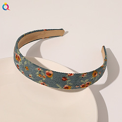 B131-F Corduroy Headband - Floral Denim Blue Retro Plaid Floral Headband for Girls, Velvet Hair Accessories with French Sweet Style