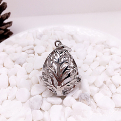 Platinum Brass Bead Cage Pendants, for Chime Ball Pendant Necklaces Making, Hollow, Teardrop with Tree Charm, Platinum