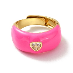 Ярко-Розовый Регулируемое кольцо в форме сердца из прозрачного кубического циркония, кольцо-солитер с эмалью, массивное женское кольцо из латуни с покрытием из настоящего золота 18k, без кадмия и без свинца, ярко-розовый, размер США 7 3/4 (17.9 мм)