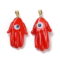 Red Handmade Lampwork Pendants, with Real 18K Gold Plated Brass Findings, Cadmium Free & Lead Free, Hamsa Hand/Hand of Miriam with Evil Eye, Red, 30x17x5.5mm, Hole: 5x3.5mm