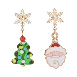 Light Gold Santa Claus Alloy Enamel & Christmas Tree Lampwork Asymmetrical Earrings, Clear Cubic Zirconia Snowflake Dangle Stud Earrings for Women, Light Gold, 37~40mm, Pin: 0.9mm