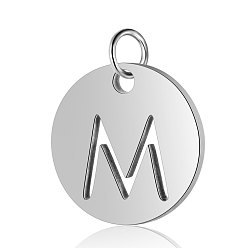 Letter M 304 Stainless Steel Charms, Flat Round with Letter, Stainless Steel Color, Letter.M, 12x1mm, Hole: 2.5mm