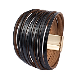Black PU Leather Multi-strand Bracelets, with Magnetic Clasps, Black, 8-1/8 inch(20.5cm)