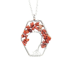 Red Jasper Natural Red Jasper Chips Beaded Hexagon with Tree Pendant Necklaces, with Platinum Brass Chains, 20.87 inch(53cm)