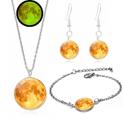 Gold Alloy & Glass Moon Effect Luminous Jewerly Sets, Including Bracelets, Earring and Necklaces, Gold
