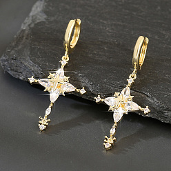 Doré  Boucles d'oreilles créoles pendantes en laiton et zircon cubique, traverser avec l'étoile, or, 39x19mm