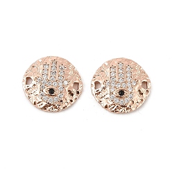 Розовое Золото Латунный микропаве прозрачный кубический циркониевый диск с подвесками-соединителями в виде руки хамсы, стойки покрытие, долговечный, без свинца и без кадмия, розовое золото , 15x14x3 мм, отверстие : 1.4 мм