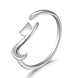 Platinum SHEGRACE Rhodium Plated 925 Sterling Silver Cuff Rings, Open Rings, Cat Shape, Platinum, Size 8, Inner Diameter: 18mm