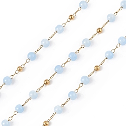 Sky Blue Dyed Natural Jade Round Beaded Chain, with Golden 304 Stainless Steel Satellite Chains, Unwelded, with Spool, Sky Blue, 2.5x1x0.3mm, 5x4mm, 3mm, about 32.81 Feet(10m)/Roll