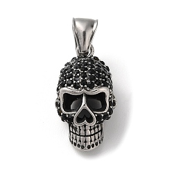 Jet 304 Stainless Steel Pendants, with Rhinestone, Antique Silver, Skull Charm, Jet, 27.5x13.5x16.5mm, Hole: 9x4mm