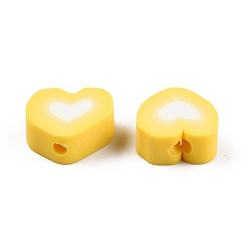 Yellow Handmade Polymer Clay Beads, Heart, Yellow, 7~10x8~10.5x4~5mm, Hole: 1.5mm