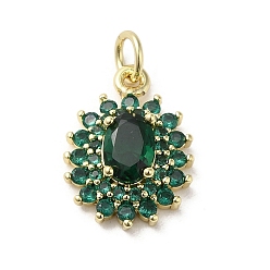 Green Brass Micro Pave Cubic Zirconia Pendants, with Glass, with Jump Ring, Real 18K Gold Plated, Flower, Green, 17x12.5x5mm, Hole: 3.2mm
