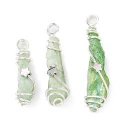 Platinum Electroplated Raw Rough Natural Quartz Crystal Copper Wire Wrapped Pendants, Green Plated Teardrop Charms with Bras Star Beads, Platinum, 28~40x7.5~10x10~11mm, Hole: 3.5mm