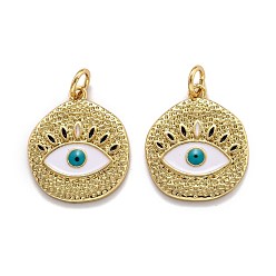 Seashell Color Brass Enamel Pendants, with Jump Ring, Long-Lasting Plated, Real 18K Gold Plated, Flat Round with Evil Eye, Seashell Color, 19x16x2mm, Hole: 3.6mm