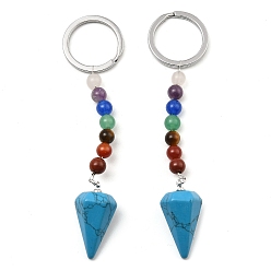 Synthetic Turquoise Dyed Synthetic Turquoise Cone Pendant Keychain, with 7 Chakra Gemstone Beads and Platinum Tone Brass Findings, 108mm