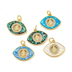 Mixed Color Brass Pendants Cubic Micro Pave Zirconia, with Synthetic Opal, with Jump Rings, Real 18K Gold Plated, Eye with Human, Mixed Color, 15x18.5x2.5mm, Hole: 3.5mm