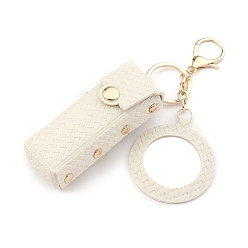 White PU Leather Lipstick Storage Bags, Portable Lip Balm Organizer Holder for Women Ladies, with Light Gold Tone Alloy Keychain and Mirror, White, 15x3.7cm