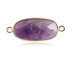 Amethyst Natural Amethyst Connector Charms, with Golden Tone Brass Edge, Faceted, Oval Links, 22x12mm