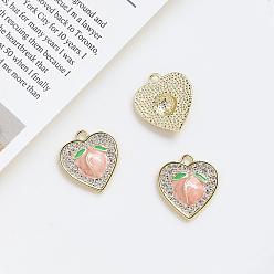 Golden Alloy Rhinestone Pendants, with Enamel, Heart with Peach Charms, Golden, 18x16mm