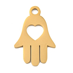 Золотой Ионное покрытие (ip) 304 подвески из нержавеющей стали, лазерная резка, рука хамса с сердечным шармом, золотые, 25x16.5x1 мм, отверстие : 3 мм