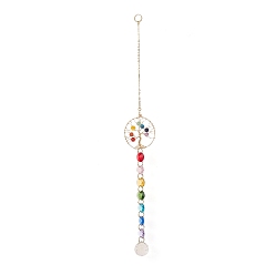 Real 18K Gold Plated Chakra Octagon Glass Beaded Pendant Decorations, Suncatchers, Rainbow Maker, with Gemstone, Clear Faceted Glass Pendants, Flat Round with Tree of Life, Real 18K Gold Plated, 355mm, Hole: 10mm