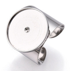 Stainless Steel Color 304 Stainless Steel Open Cuff Finger Ring Cabochon Settings, Flat Round, Stainless Steel Color, Inner Diameter: 17mm, Tray: 17mm