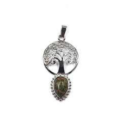 Unakite Natural Unakite Teardrop Pendants, Tree of Life Charms with Platinum Plated Metal Findings, 49x26mm