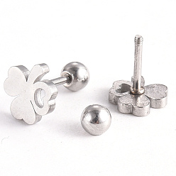 Stainless Steel Color 201 Stainless Steel Barbell Cartilage Earrings, Screw Back Earrings, with 304 Stainless Steel Pins, Shamrock, Stainless Steel Color, 8.5x8x2mm, Pin: 1mm
