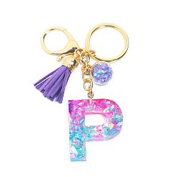 Letter P Resin Keychains, Tassel Keychain, Glass Ball Keychain, with Light Gold Tone Plated Iron Findings, Alphabet, Letter.P, 11.2x1.2~5.7cm