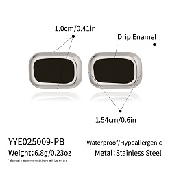 Платина Прямоугольник 304 серьги шпилька нержавеющая сталь, с эмалью, чёрные, платина, 10x15.4 мм