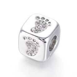 Platinum Brass Beads, with Micro Pave Cubic Zirconia, Cube with Baby Footprint, Clear, Platinum, 6x6x6mm, Hole: 3mm